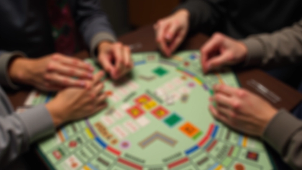 Two hands pointing at property cards on Monopoly board during game discussion, showing negotiation or decision-making moment