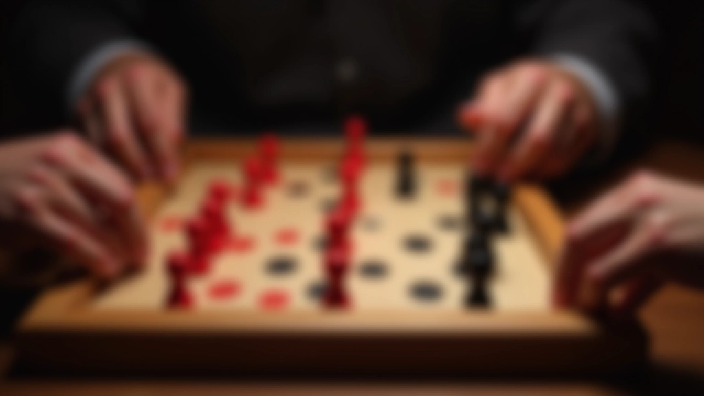 Strategic board game setup showing pieces in mid-game position with player hands visible examining the board