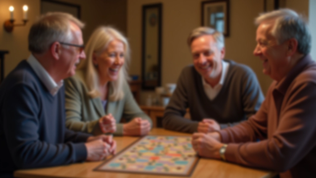 Group of four adults laughing while playing board game around a table with drinks and snacks visible