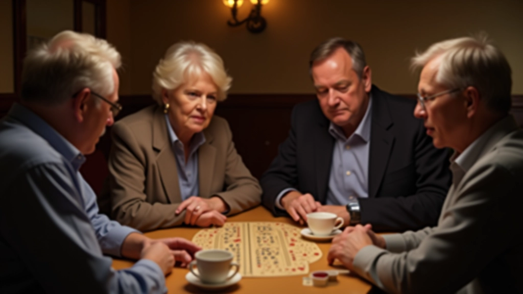 Group of players gathered around cribbage board in warm club setting with tea cups and score sheets visible