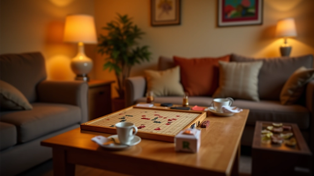 Cozy home game room with warm lighting, comfortable seating, snacks and drinks on side table, board game in progress on main table
