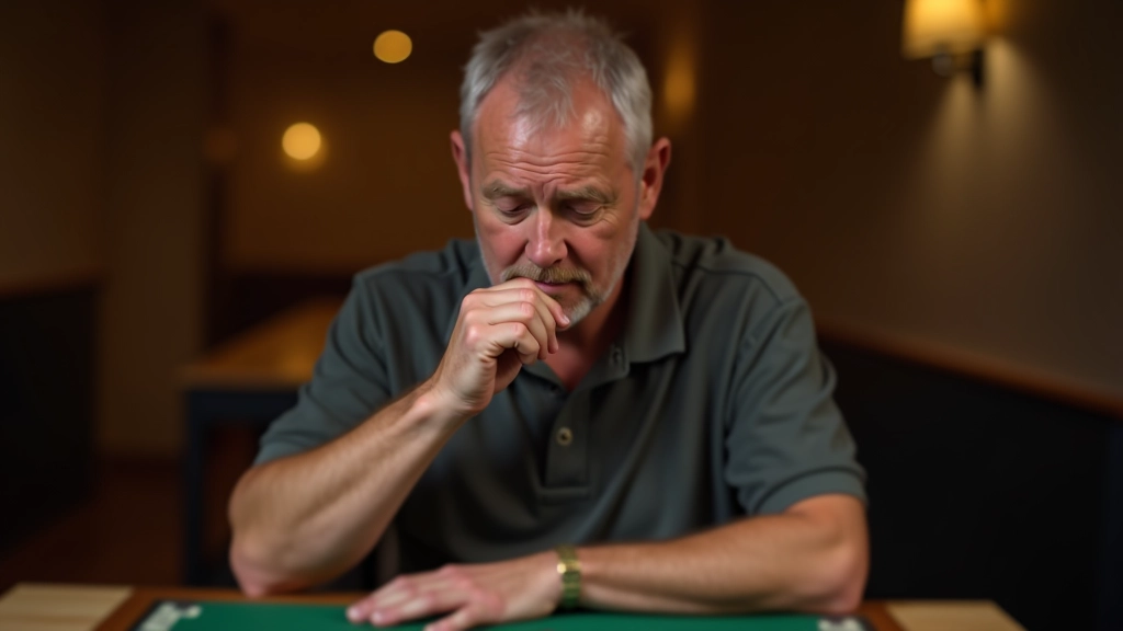 Close-up of player studying board position, hand near chin in thoughtful pose, strategic analysis moment