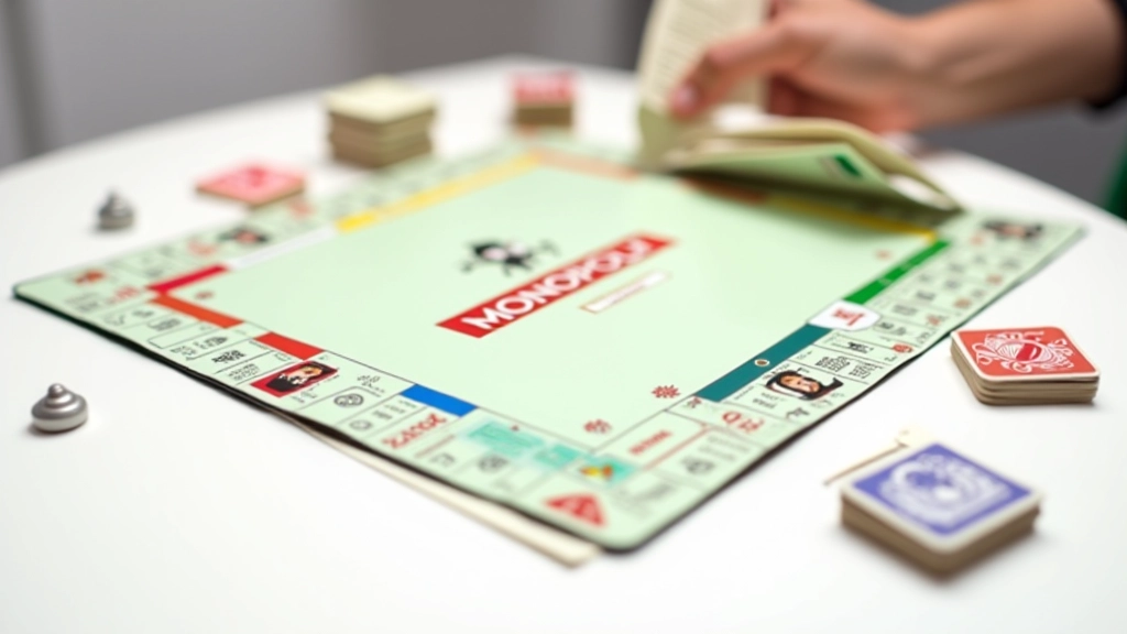 Monopoly board fully set up with all pieces, cards, and money organized for gameplay