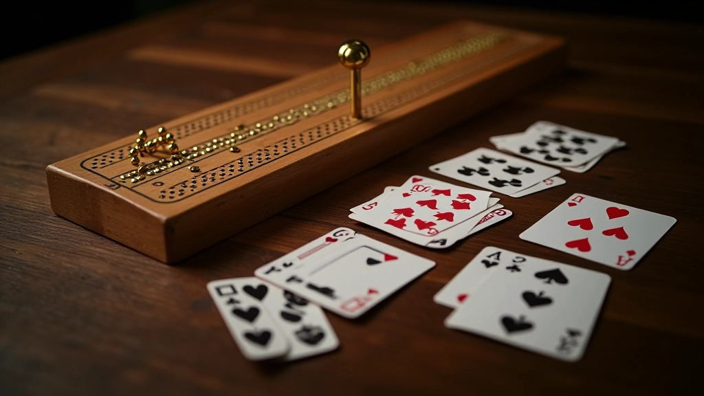 Overhead view of cribbage board showing brass pegs, numbered track from zero to 121, with playing cards laid out showing example hand
