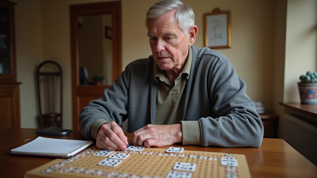 Person practicing at home with playing cards and cribbage board on dining table with notebook for scoring notes