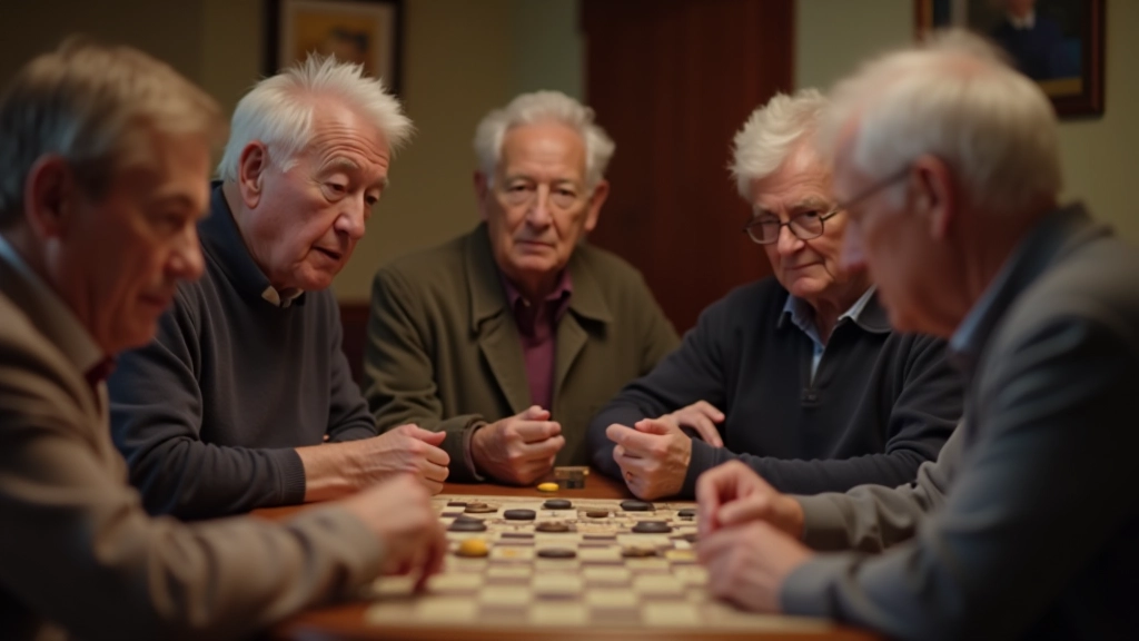 Group of adult players at a draughts club studying a board position together, examining pieces and discussing strategy