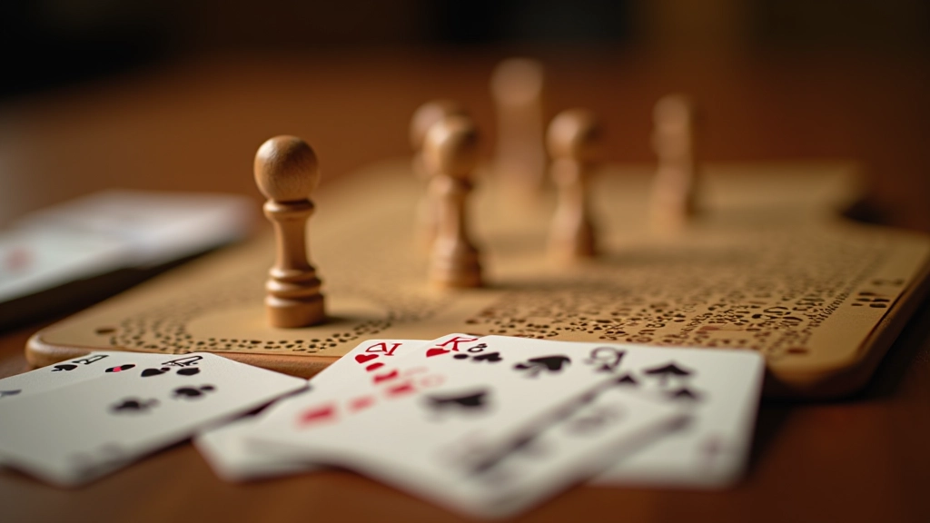Traditional wooden cribbage board with pegs inserted showing score tracking setup