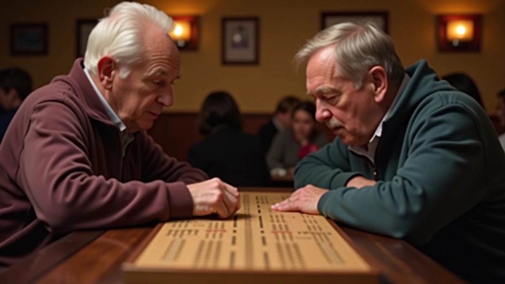 Two players concentrating over cribbage board during a game, with score sheets and tea in background of club room
