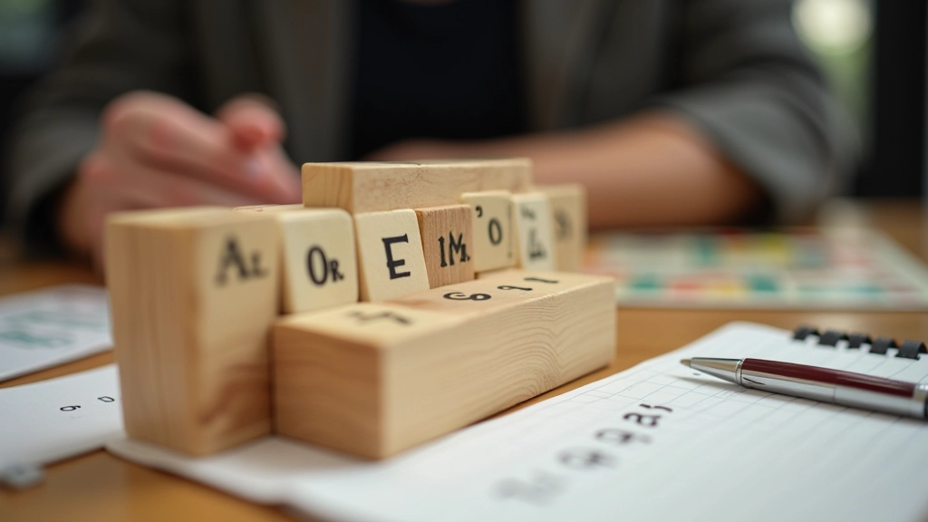 Word game competition setup showing letter tiles, scoreboard, and game materials ready for play