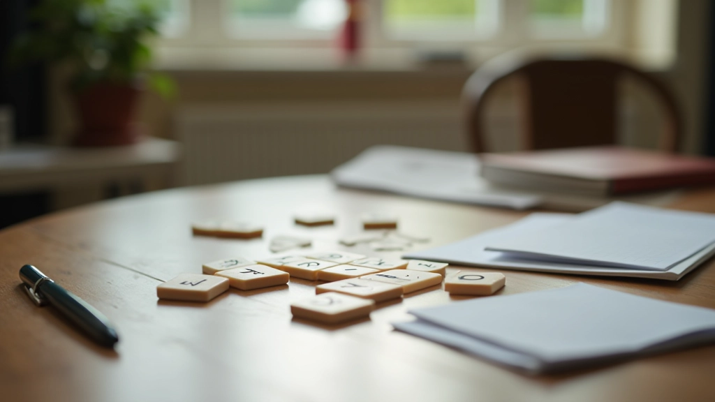 Variety of word game materials spread on table including Scrabble tiles, Bananagrams pouch, word cards, and score sheets